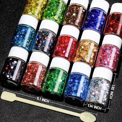 LEOBRO Holographic Chunky Glitter Set – 15 Colours with Stir Spoons for Crafts & Beauty (150g Total)