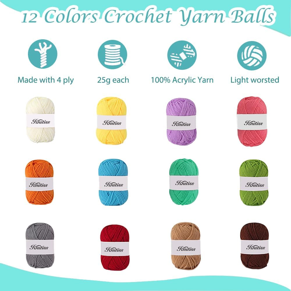 Knitiss Crochet Kits for Beginners Adults, All-Inclusive Crochet Kit for Adults with 14 Size Ergonomic Crochet Hooks,12 Crochet Yarns Balls & Crochet Bag