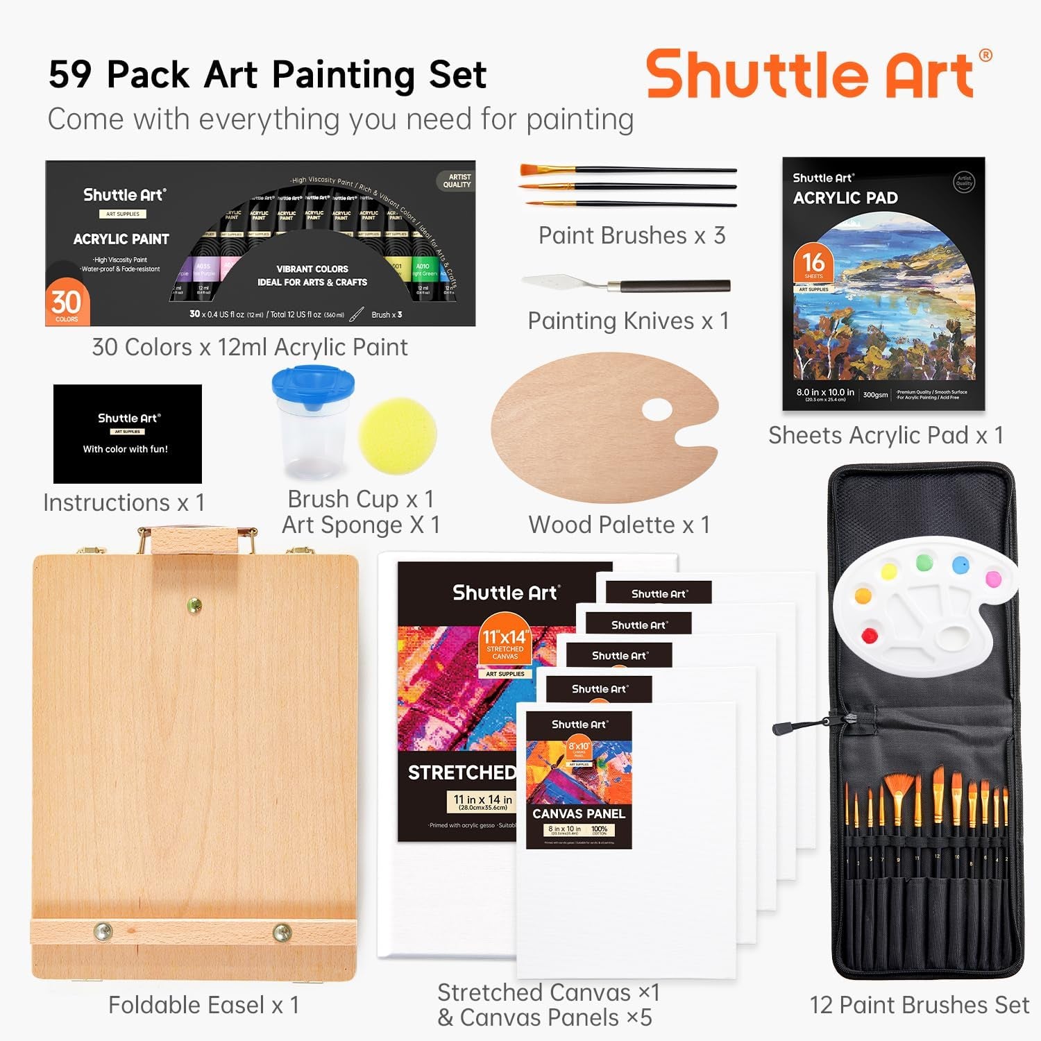 Shuttle Art 59-Piece Acrylic Painting Set – Complete Art Kit for Beginners & Professionals
