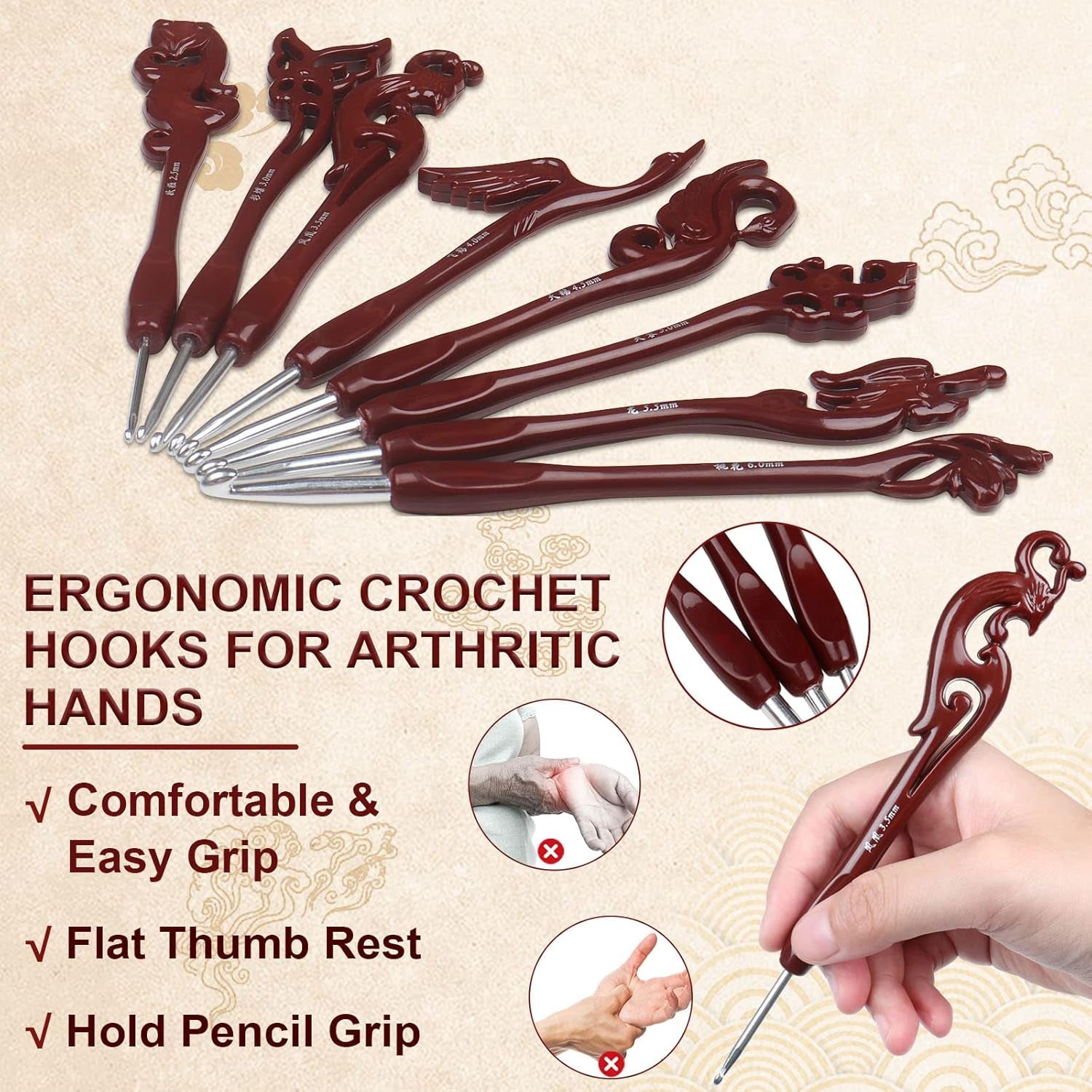 Aelike Aluminium Crochet Hooks Set UK, Long Handled Ergonomic Hooks for Arthritic Hands, Size 2.5-6.0 Mm Set, Novelty Gifts