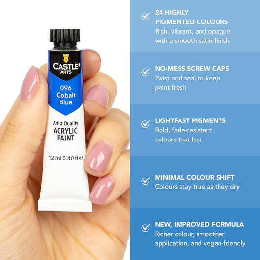 Castle Art Supplies 24 X 12Ml Acrylic Paint Set | Value Beginner Set for Starters or Adult Artists | Premium Quality Intense Colours | Smooth to Use on Range of Surfaces (New Improved Formula)