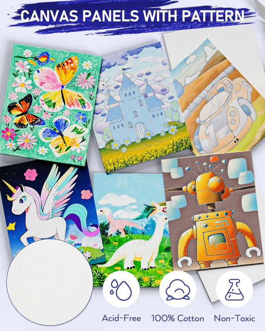 Nicpro 72PCS Kids Painting Set with Pattern Canvas, Art Painting Supplies Kit with 24 Acrylic Paints,10 Brushes, 8 Canvas Panels,Table Easel,Paper Pad,Color Wheel,Palette for Beginner Student Toddlers