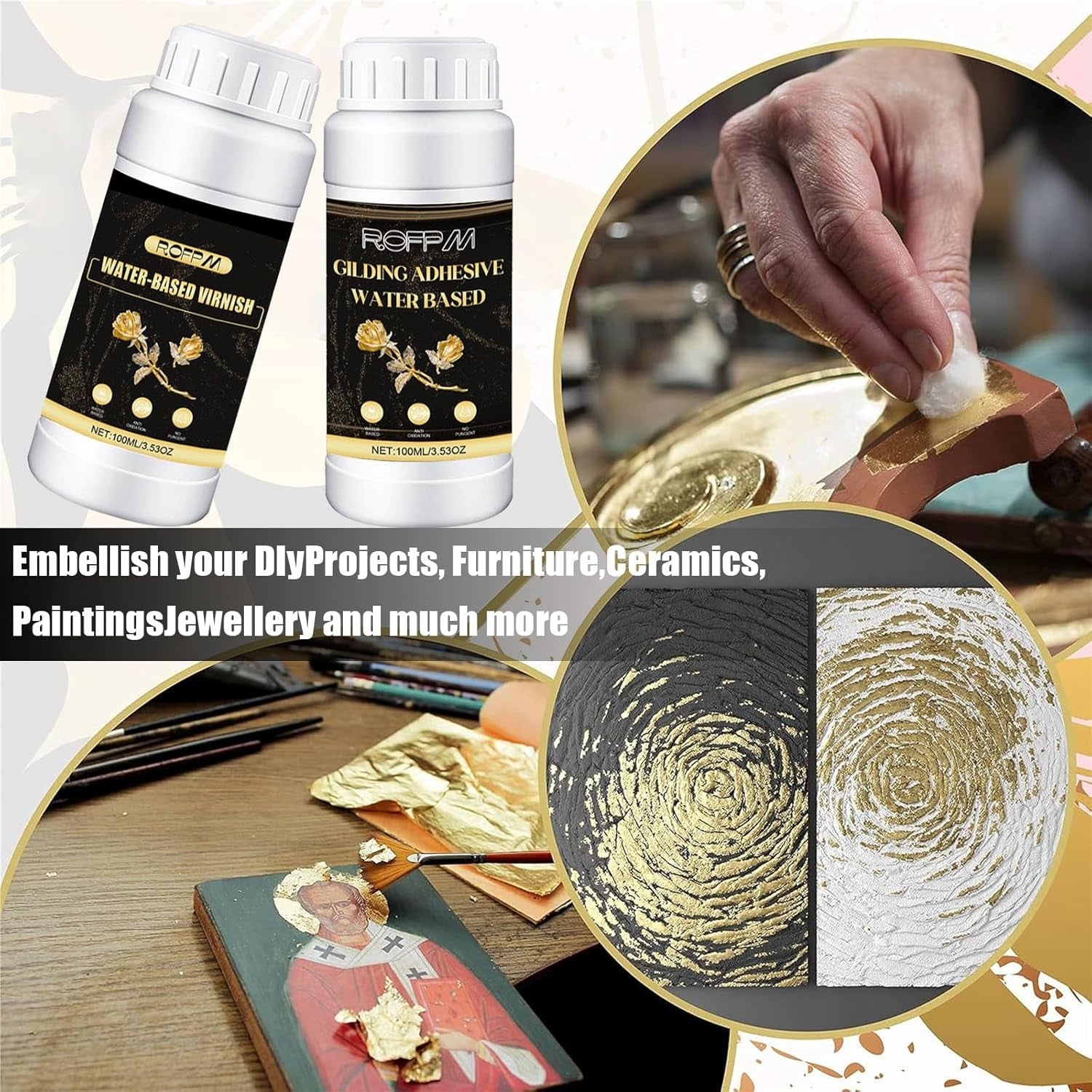 ROFPM Gold Leaf Adhesive Set, Water-Based Gilding Adhesive, 100Ml, 100 Gold Foil Transfer Sheets, 2G Silver Leaf, Craft, Home Decor, Art