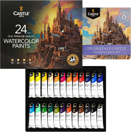 Castle Art Supplies 24 X 12Ml Watercolour Paint Tube Set | New Improved Formula | Value for Adult Artists | Quality, Intense Colours | Just Squeeze the Tube, Mix with Water (New Improved Formula)