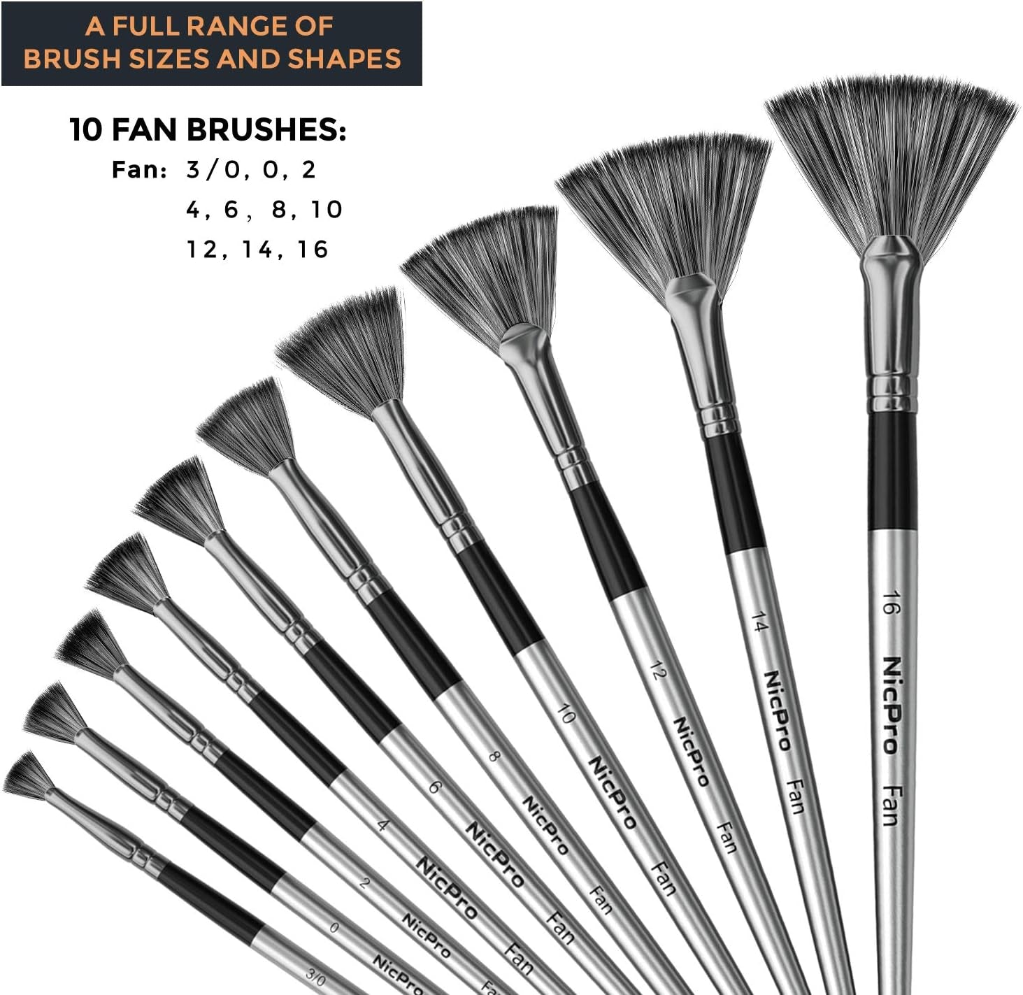 Nicpro 10 PCS Fan Paint Brushes, Artist Painting Brush Set Soft Anti-Shedding Nylon Hair Wood Short Handle for Acrylic Watercolor Oil Painting