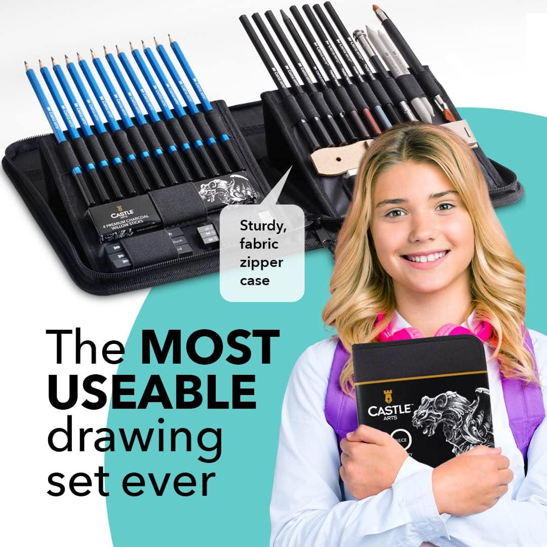 Castle Art Supplies 40 Piece Sketching and Drawing Set for Adults Artists | Presented in Sturdy Zipper Case with Pop-Up Feature | Quality Range of Sketch Pencils and More