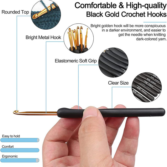 Aeelike Crochet Hooks Sets for Beginners, Ergonomic Crochet Hooks Set for Arthritic Hands, Metal Crochet Needles Easy Grip Soft Rubber Handle 9 Pack UK Size, Travel Crochet Hook Set with Case