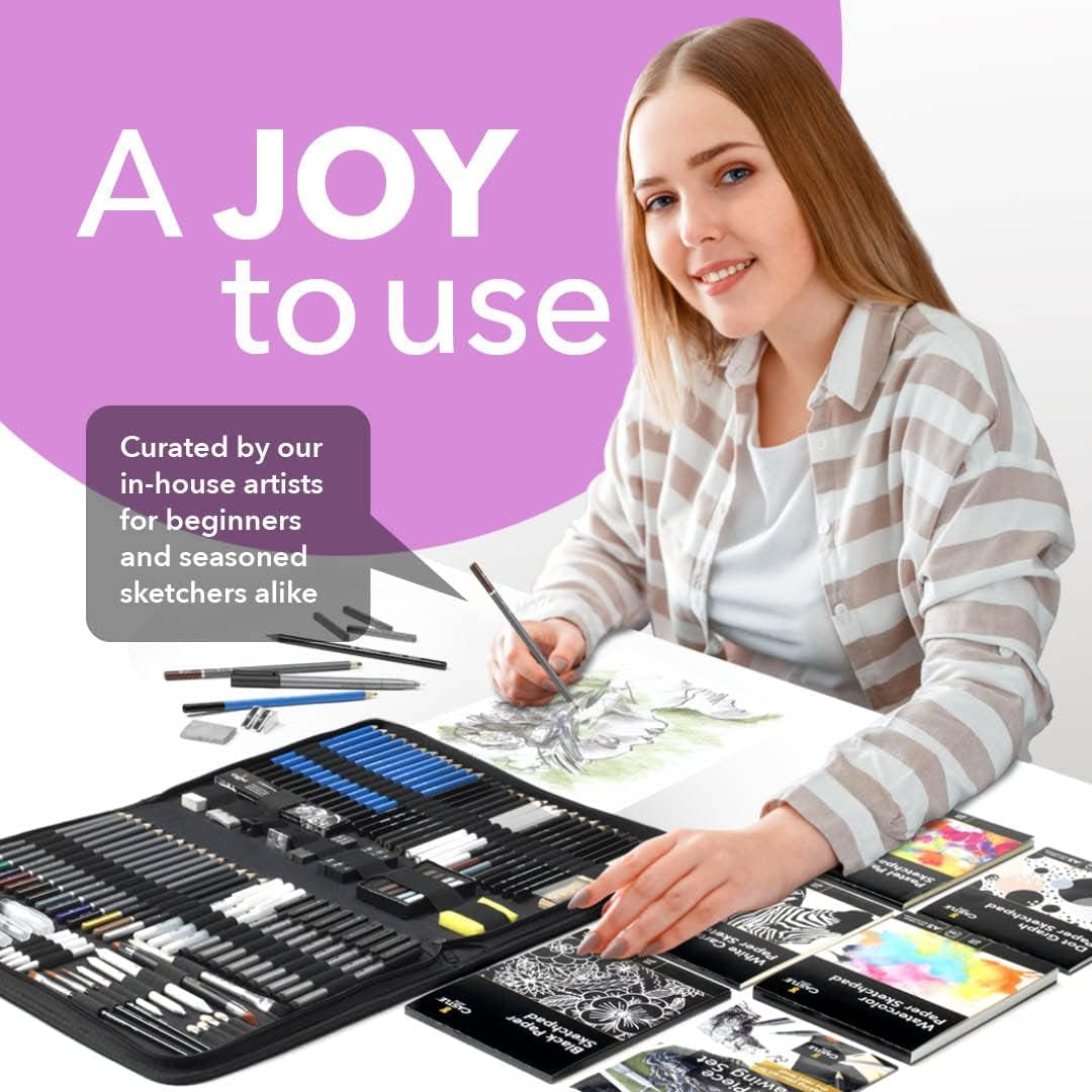 Castle Art Supplies 100 Piece Drawing & Sketching Set | Graphite, Charcoal, Pastel, Metallic & Water Soluble Pencils + Sticks, Fineliners | for Professionals, Adult Artists | in Tough Travel Case