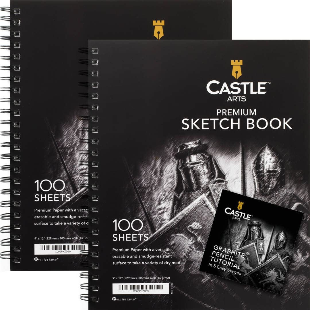 Castle Art Supplies Premium Sketch Books 9In X 12In | Double Sketch Pad Pack | 200 Sheets of Quality 90Gsm Paper | for Adult Artists and Learners | Spiral Bound for Versatility