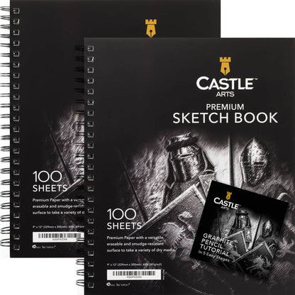 Castle Art Supplies Premium Sketch Books 9In X 12In | Double Sketch Pad Pack | 200 Sheets of Quality 90Gsm Paper | for Adult Artists and Learners | Spiral Bound for Versatility