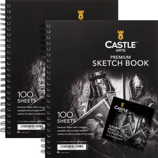 Castle Art Supplies Premium Sketch Books 9In X 12In | Double Sketch Pad Pack | 200 Sheets of Quality 90Gsm Paper | for Adult Artists and Learners | Spiral Bound for Versatility