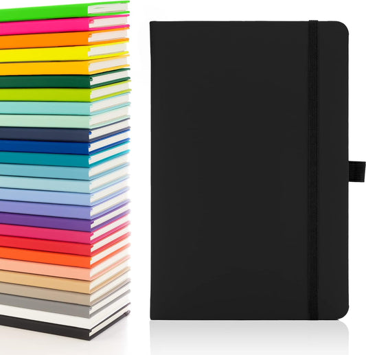 Notes London Eco A5 Notebook with Lined Pages, Pen Loop, Ribbon, Date Marks and Paper Pocket, Medium Hardback Journal, Note, Sustainably Sourced Paper (Black)