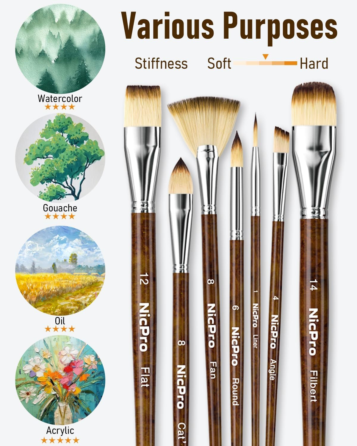Nicpro 30Pcs Paint Brush Set, Professional Paintbrushes with Palette Knife and Cloth Roll, Craft Paint Brushes for Acrylic Painting, Oil, Watercolour, Gouache, Art Supplies for Artists and Beginners