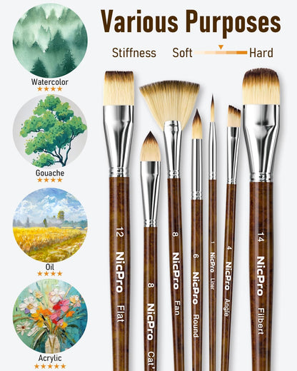 Nicpro 30Pcs Paint Brush Set, Professional Paintbrushes with Palette Knife and Cloth Roll, Craft Paint Brushes for Acrylic Painting, Oil, Watercolour, Gouache, Art Supplies for Artists and Beginners