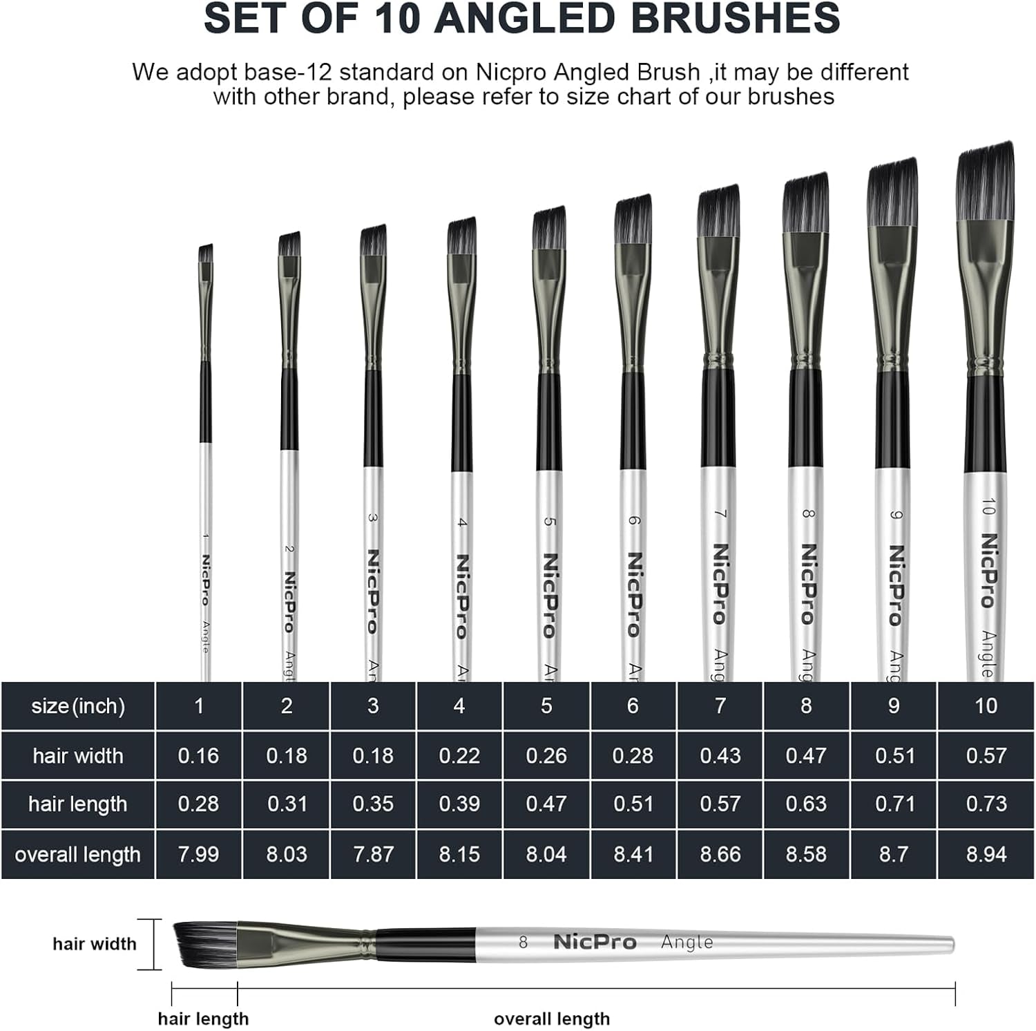 Nicpro 10 PCS Angular Paint Brush Set, Soft Anti-Shedding Nylon Hair Long Handle Angled Paint Brushes, Suitable for Artists and Beginners for Watercolour, Acrylics, Ink, Gouache, Oil, Tempera
