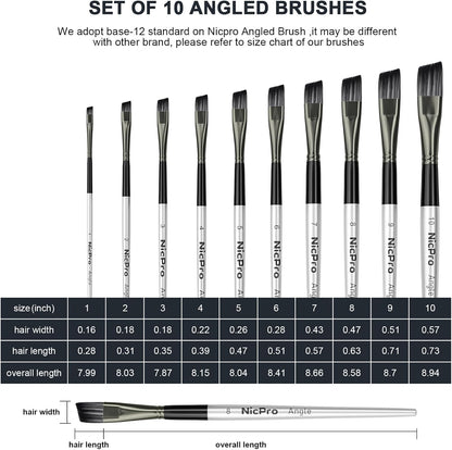 Nicpro 10 PCS Angular Paint Brush Set, Soft Anti-Shedding Nylon Hair Long Handle Angled Paint Brushes, Suitable for Artists and Beginners for Watercolour, Acrylics, Ink, Gouache, Oil, Tempera