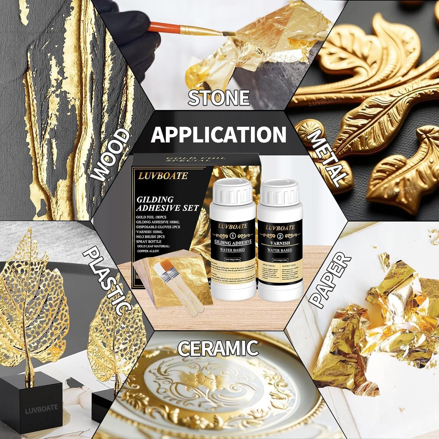 LUVBOATE Gold Leaf Gilding Kit – Complete 100-Piece Set with Adhesive, Varnish & Tools