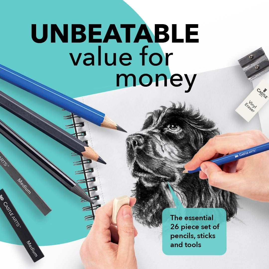 Castle Art Supplies 26 Piece Premium Drawing and Sketching Set | for Artists, Professionals or Beginners | Pencils, Charcoal, Graphite and More | Arranged in Carry-Anywhere Clamshell Case