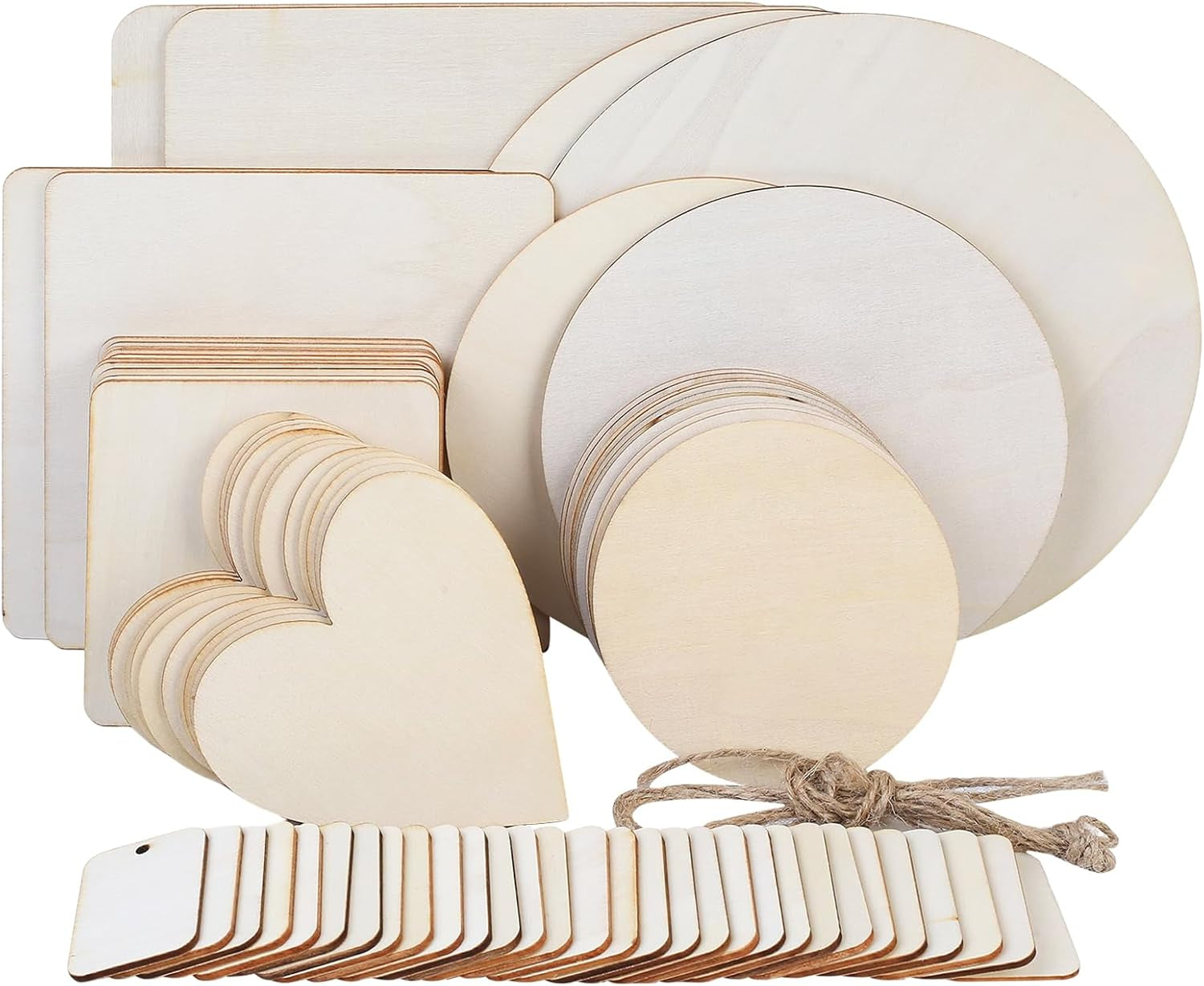 70X Unfinished Blank Wood Slices for Crafts, Unfinished round Circles Square Wood Pieces,Wooden Hearts for Crafting,Pyrography Woodcraft Wooden Discs for Crafts Coasters DIY Decor Painting(8 Sizes)