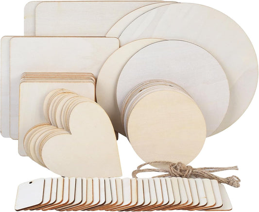 70X Unfinished Blank Wood Slices for Crafts, Unfinished round Circles Square Wood Pieces,Wooden Hearts for Crafting,Pyrography Woodcraft Wooden Discs for Crafts Coasters DIY Decor Painting(8 Sizes)