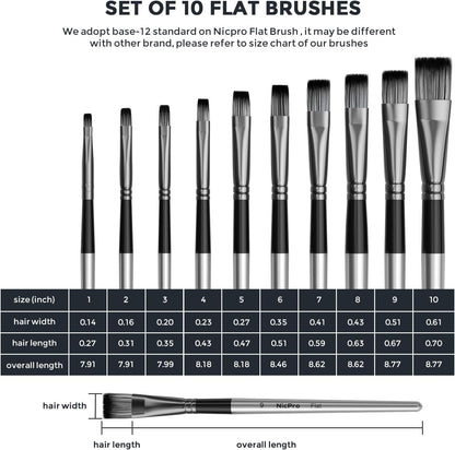 Nicpro 10 PCS Flat Paint Brush Set Art Painting Brushes for Acrylic Watercolour Oil Gouache, Craft Detail Face Body Painting Artist Kit for Kid & Adult