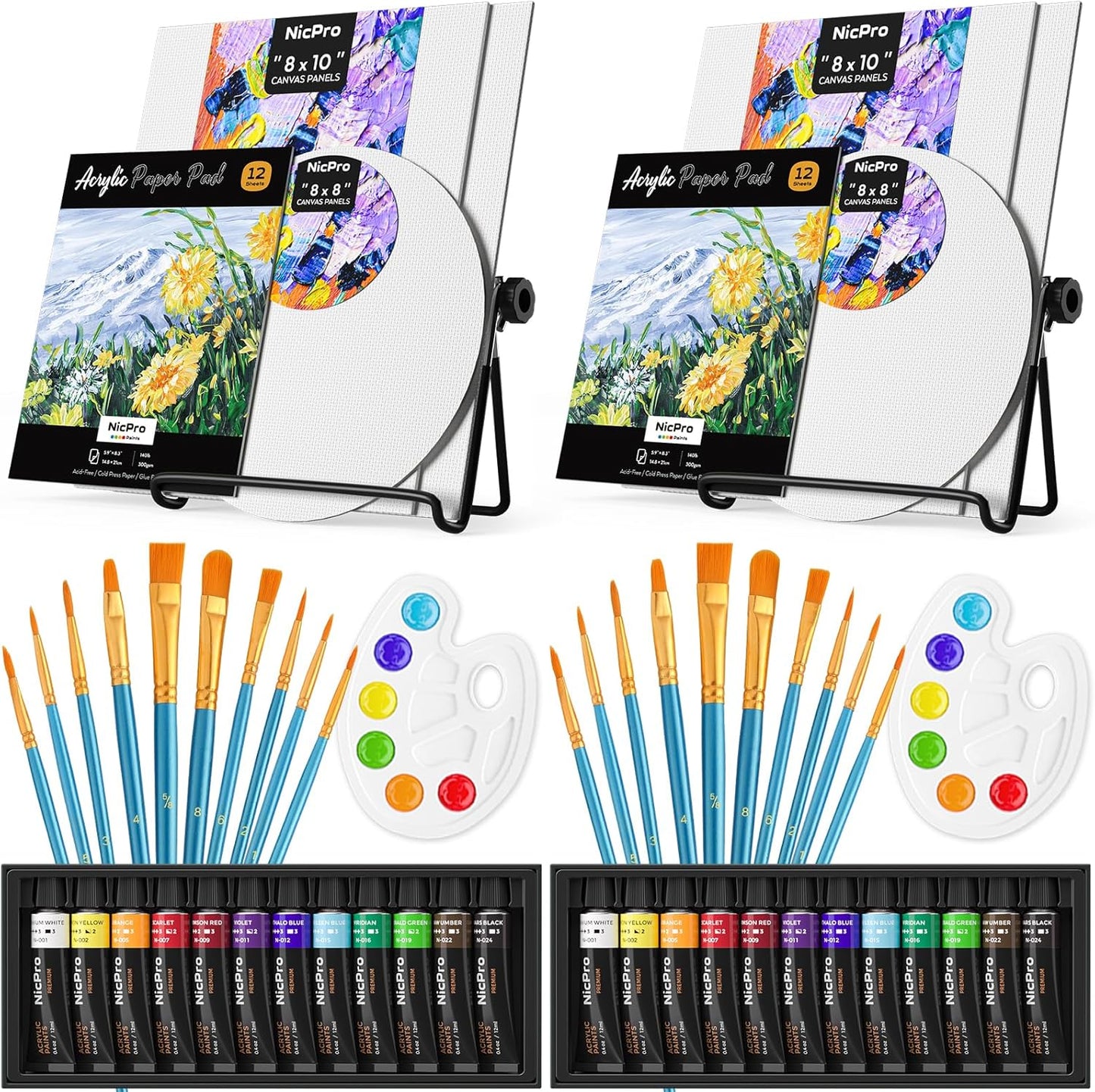 Nicpro Acrylic Paint Canvas Set for Adults & Kids, 80PCS Art Painting Supplies Kit with 2*12 Colors Paint, 6 Canvas, 2 Table Easel, 2*10 Brushes, 2 Paper Pad, 2 Palette for Artist Beginner Students
