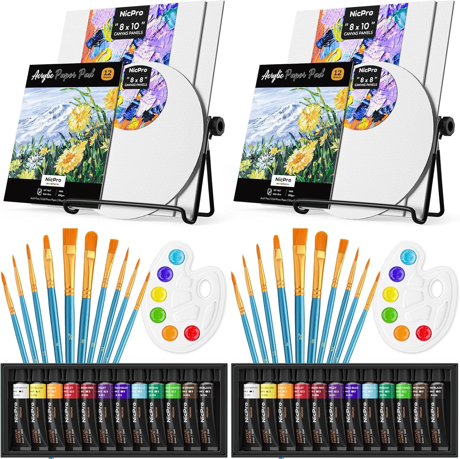 Nicpro Acrylic Paint Canvas Set for Adults & Kids, 80PCS Art Painting Supplies Kit with 2*12 Colors Paint, 6 Canvas, 2 Table Easel, 2*10 Brushes, 2 Paper Pad, 2 Palette for Artist Beginner Students