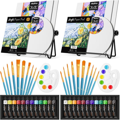 Nicpro Acrylic Paint Canvas Set for Adults & Kids, 80PCS Art Painting Supplies Kit with 2*12 Colors Paint, 6 Canvas, 2 Table Easel, 2*10 Brushes, 2 Paper Pad, 2 Palette for Artist Beginner Students