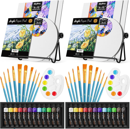 Nicpro Acrylic Paint Canvas Set for Adults & Kids, 80PCS Art Painting Supplies Kit with 2*12 Colors Paint, 6 Canvas, 2 Table Easel, 2*10 Brushes, 2 Paper Pad, 2 Palette for Artist Beginner Students