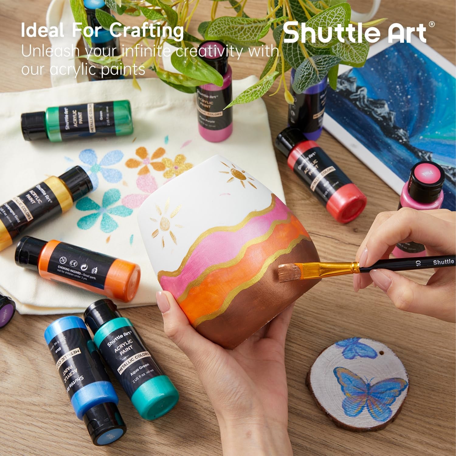 Shuttle Art 20-Colour Metallic Acrylic Paint Set + Brushes & Palette