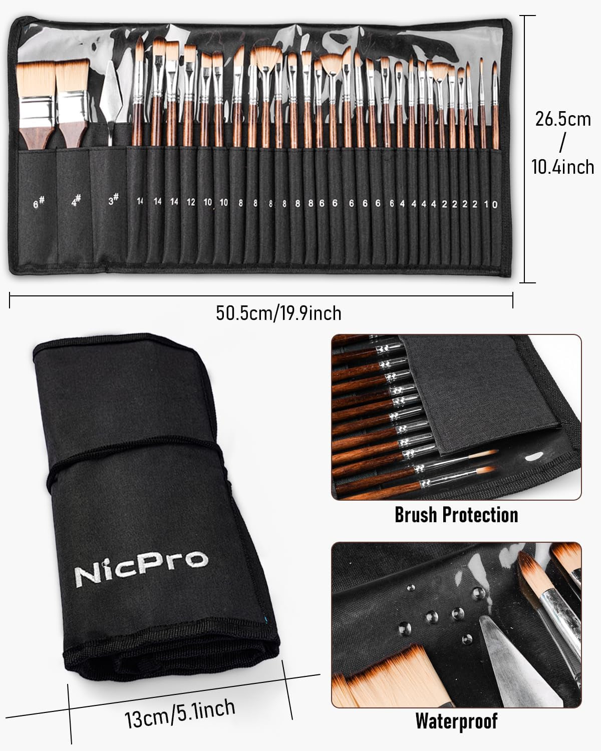 Nicpro 30Pcs Paint Brush Set, Professional Paintbrushes with Palette Knife and Cloth Roll, Craft Paint Brushes for Acrylic Painting, Oil, Watercolour, Gouache, Art Supplies for Artists and Beginners