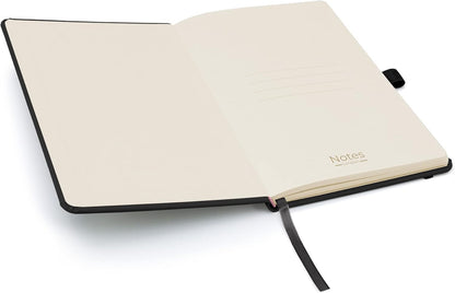 Notes London Eco A5 Notebook with Lined Pages, Pen Loop, Ribbon, Date Marks and Paper Pocket, Medium Hardback Journal, Note, Sustainably Sourced Paper (Black)
