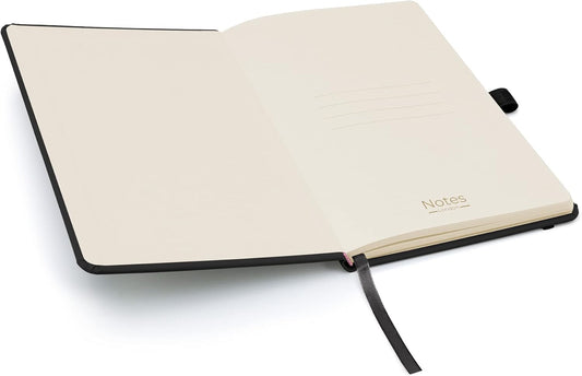 Notes London Eco A5 Notebook with Lined Pages, Pen Loop, Ribbon, Date Marks and Paper Pocket, Medium Hardback Journal, Note, Sustainably Sourced Paper (Black)