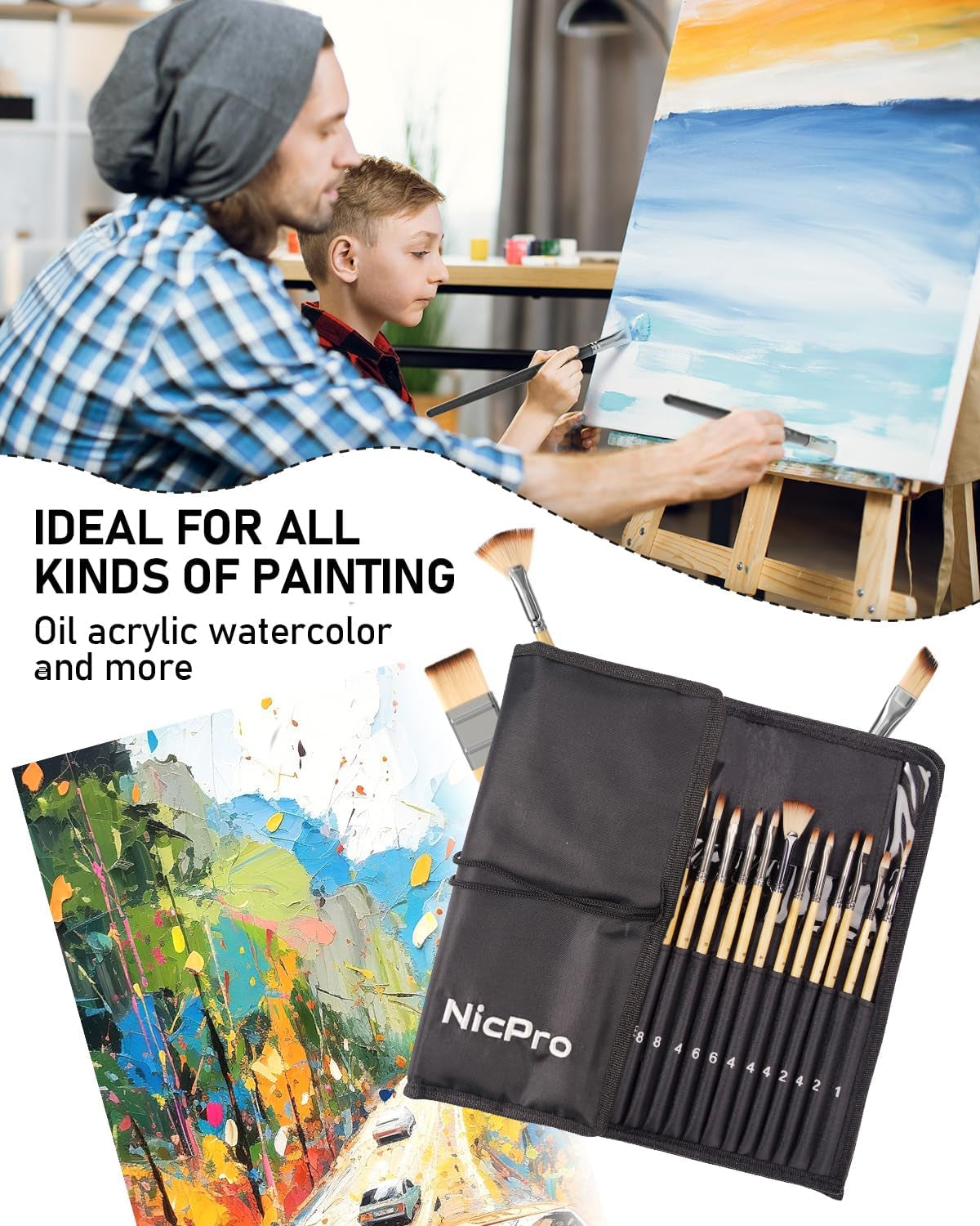 Nicpro 26Pcs Paint Brush Set, Professional Paintbrushes with Cloth Roll, Artist Paint Brushes for Acrylic Painting, Oil, Watercolour, Gouache, Adults Kids Art Painting Tools Supplies