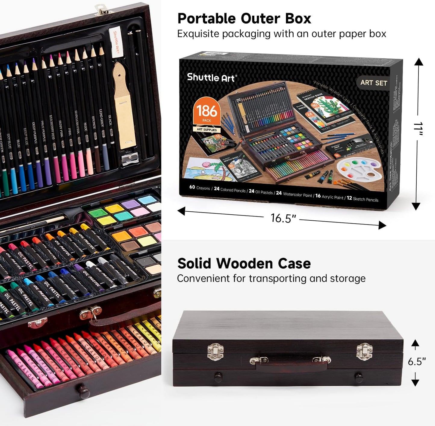 Shuttle Art 186-Piece Professional Wooden Art Set – Complete Drawing & Painting Kit