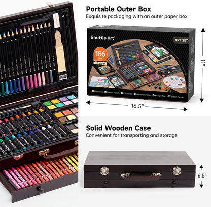Shuttle Art 186-Piece Professional Wooden Art Set – Complete Drawing & Painting Kit