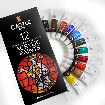 Castle Art Supplies 12 X 12Ml Acrylic Paints Tubes Set for Adults Artists Beginners | a Perfect Mix of Quality and Versatility - Vivid Colours - Easy to Blend and Good Coverage on Paper Canvas Wood or Fabric