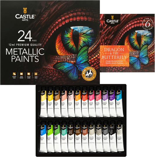 Castle Art Supplies Metallic Acrylic Paints Set | New Improved Formula | 24 X 12Ml Tubes for Adult Artists, Beginners and Crafters to Add Shimmering Quality (New Improved Formula)