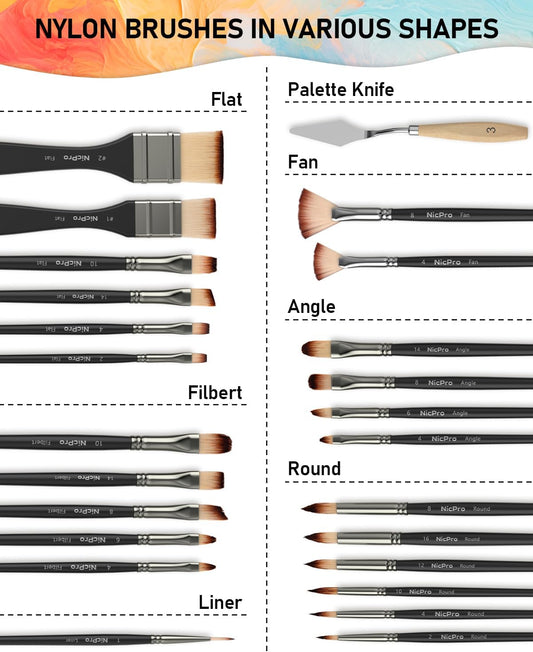 Nicpro 26Pcs Paint Brush Set, Professional Paintbrushes with Palette Knife, Cloth Roll, Artist Paint Brushes for Acrylic Canvas Painting, Oil, Watercolour Gouache, Adults Art Supplies Painting Tools