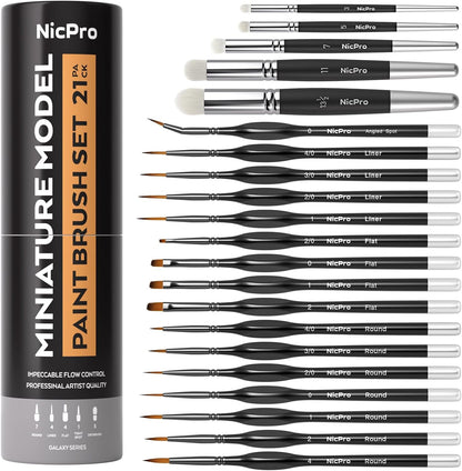 Nicpro 21PCS Miniature Paint Brushes, Drybrush Model Paint Brush Set for Acrylic Watercolour, Detail Paint Brush Dry Brush for Model, Miniature Painting, Come with Container