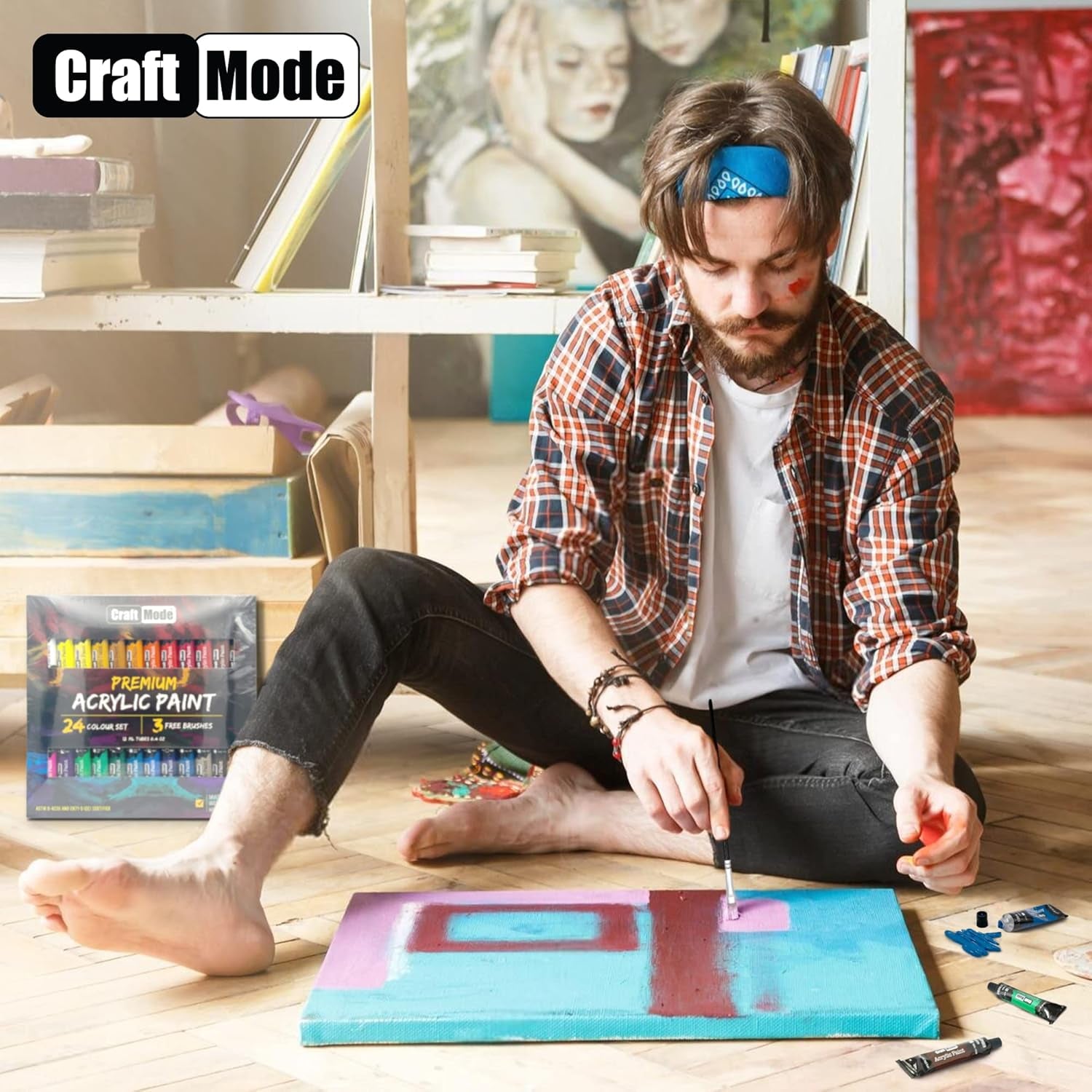 Craft Mode Acrylic Paint Set 24 12Ml Perfect for Canvas, Wood, Ceramic, Rock, Fabric & Crafts. Non-Toxic, Quick Dry Vibrant Colours. Beginners, Students and Professionals
