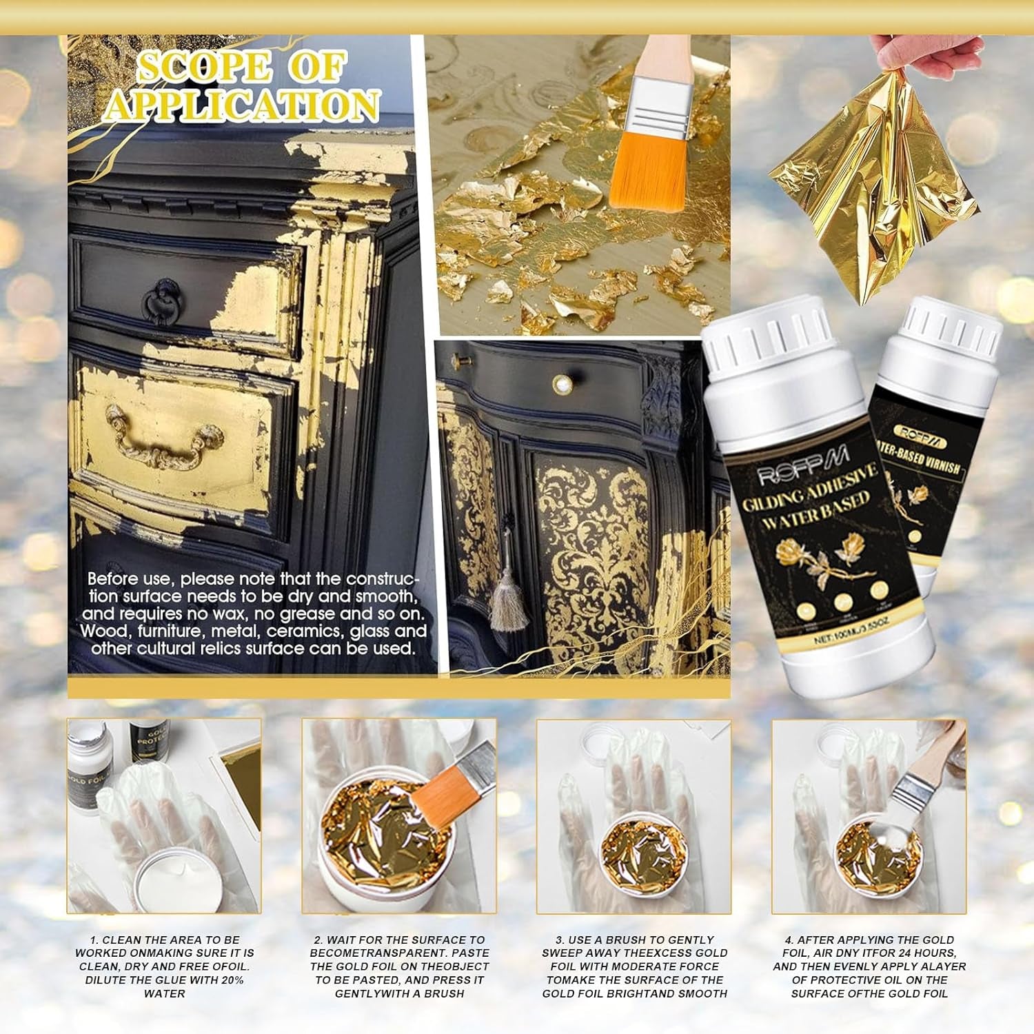 ROFPM Gold Leaf Adhesive Set, Water-Based Gilding Adhesive, 100Ml, 100 Gold Foil Transfer Sheets, 2G Silver Leaf, Craft, Home Decor, Art