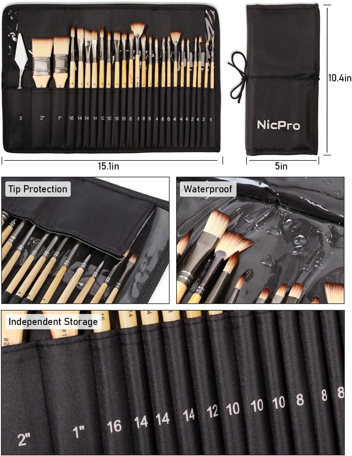 Nicpro 26Pcs Paint Brush Set, Professional Paintbrushes with Cloth Roll, Artist Paint Brushes for Acrylic Painting, Oil, Watercolour, Gouache, Adults Kids Art Painting Tools Supplies
