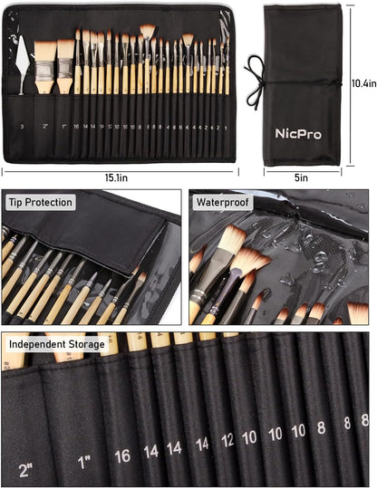 Nicpro 26Pcs Paint Brush Set, Professional Paintbrushes with Cloth Roll, Artist Paint Brushes for Acrylic Painting, Oil, Watercolour, Gouache, Adults Kids Art Painting Tools Supplies