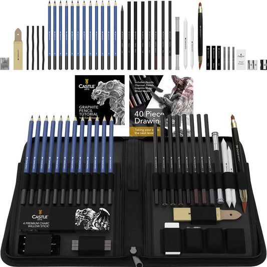 Castle Art Supplies 40 Piece Sketching and Drawing Set for Adults Artists | Presented in Sturdy Zipper Case with Pop-Up Feature | Quality Range of Sketch Pencils and More