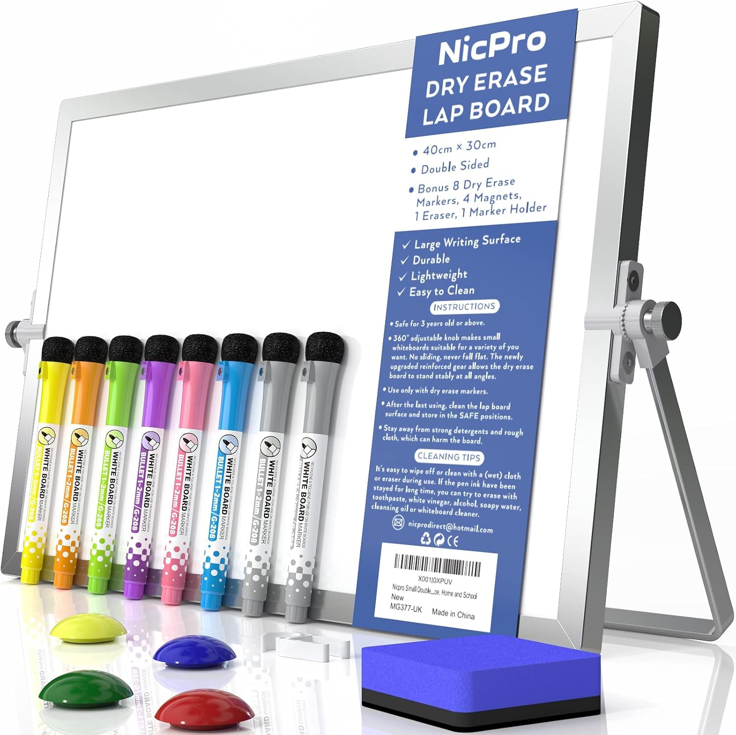 Nicpro Dry Erase Mini Whiteboard A3, 40 X 30 Cm Double Sided Small Magnetic Desktop White Board with Stand, 8 Pens, 1 Eraser,4 Magnet, Portable Board Easel for Kids Students School Supplies Office