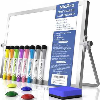 Nicpro Dry Erase Mini Whiteboard A3, 40 X 30 Cm Double Sided Small Magnetic Desktop White Board with Stand, 8 Pens, 1 Eraser,4 Magnet, Portable Board Easel for Kids Students School Supplies Office
