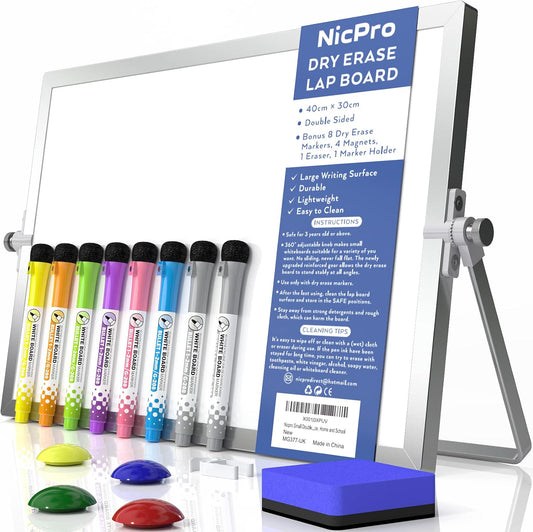 Nicpro Dry Erase Mini Whiteboard A3, 40 X 30 Cm Double Sided Small Magnetic Desktop White Board with Stand, 8 Pens, 1 Eraser,4 Magnet, Portable Board Easel for Kids Students School Supplies Office