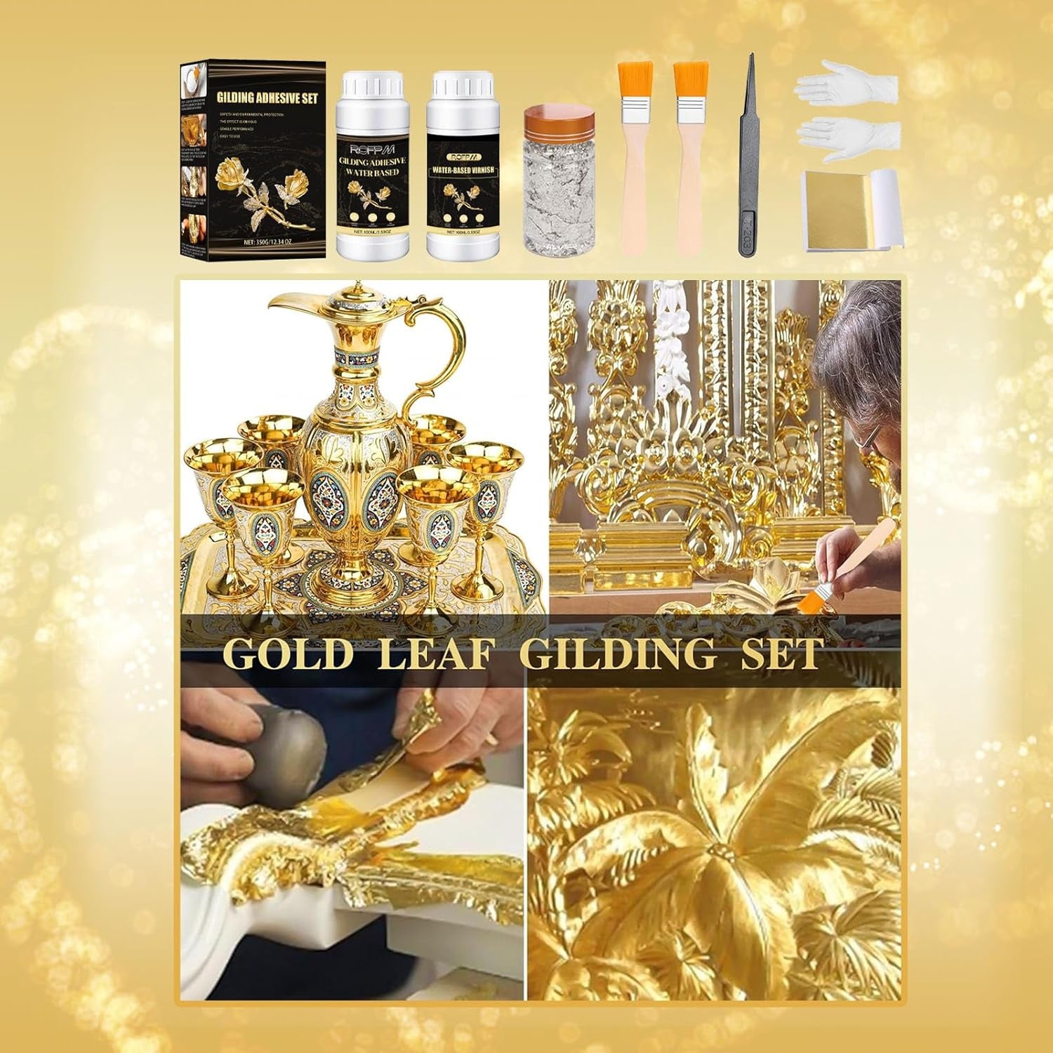 ROFPM Gold Leaf Adhesive Set, Water-Based Gilding Adhesive, 100Ml, 100 Gold Foil Transfer Sheets, 2G Silver Leaf, Craft, Home Decor, Art