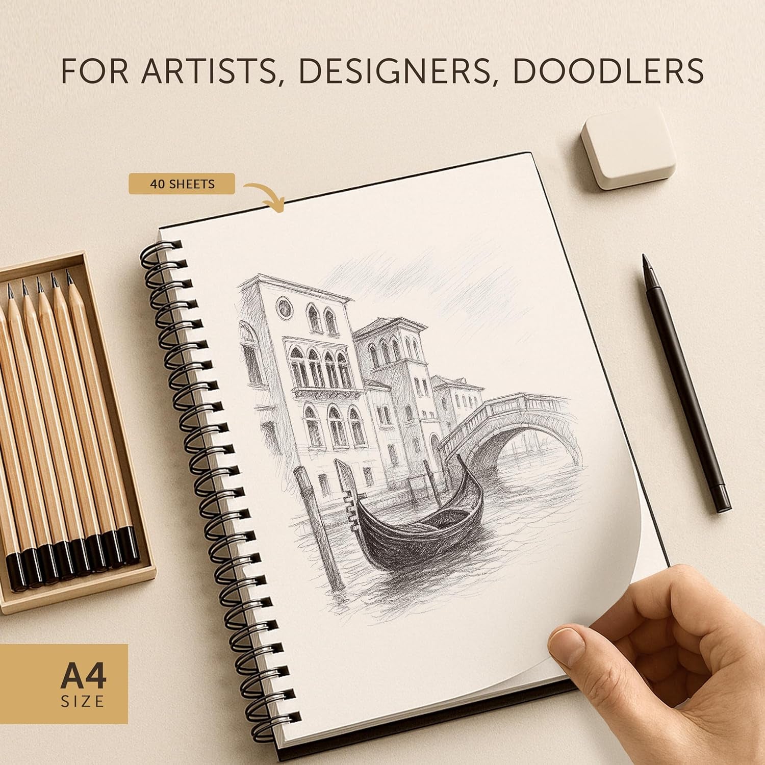 A4 Sketchbook for Artists Hardcover – 200GSM Very Thick Paper – Large Sketch Pad Art Book, Spiral Bound Book for Children – Drawing Book 21.6X28Cm, 40 Sheets / 80 Pages